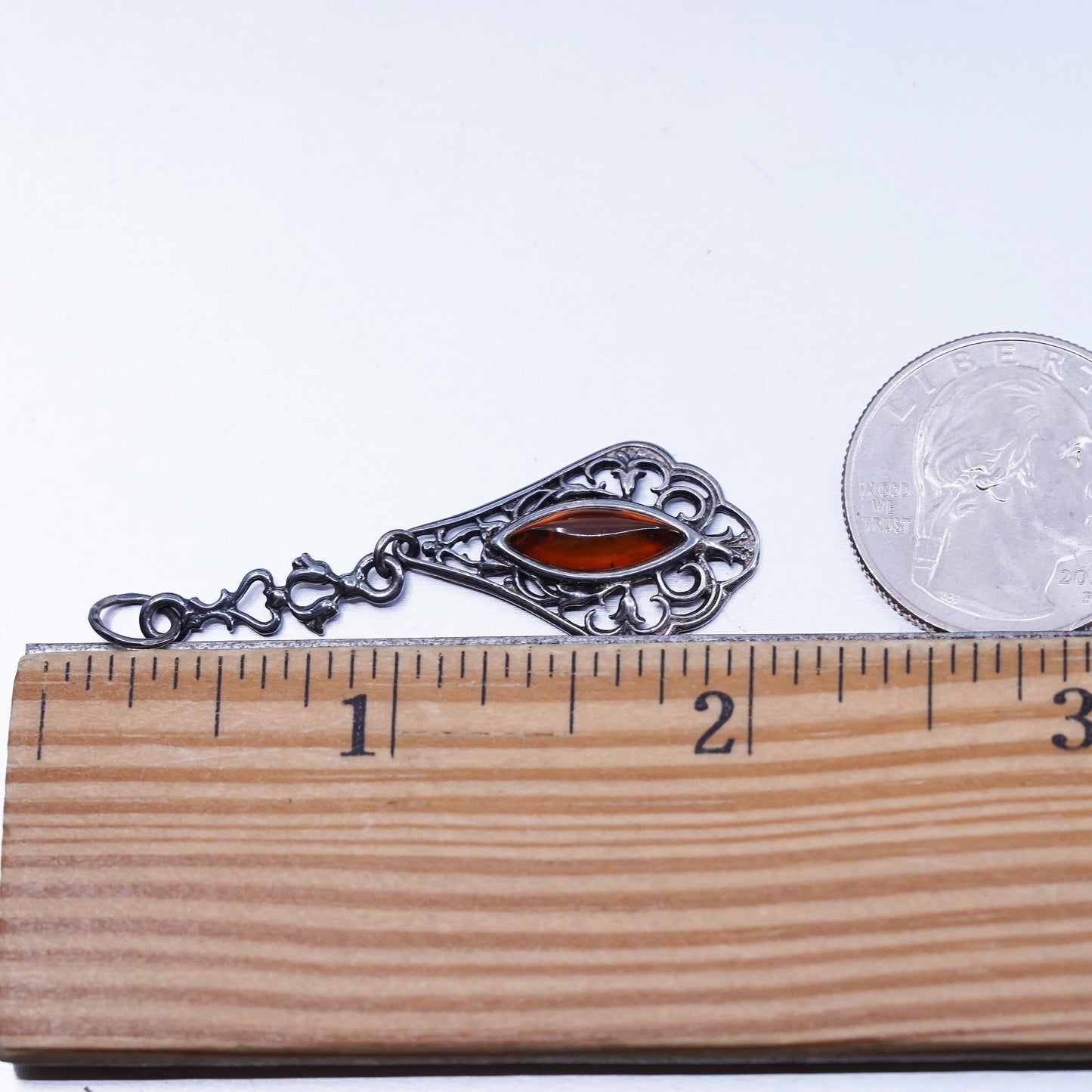 Vintage sterling 925 silver handmade filigree pendant with amber