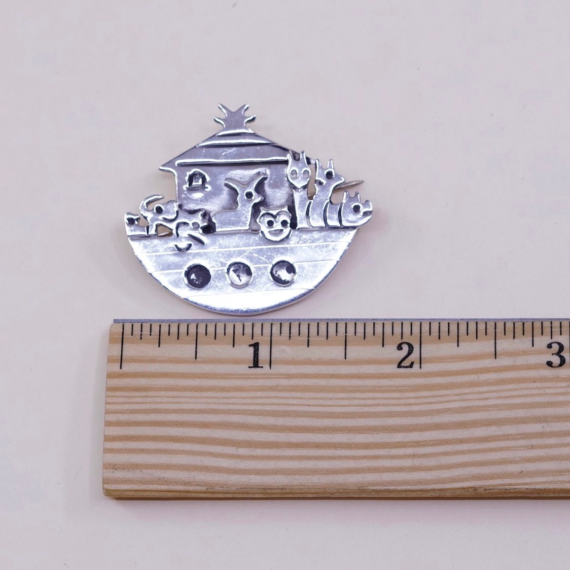 Vintage Sterling silver Handmade brooch, 925 silver Noah’s ark pin, stamped 925 mexico