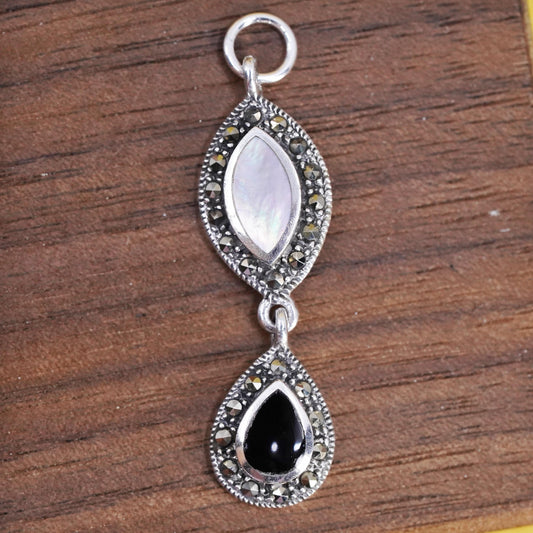 VTG Sterling 925 silver handmade charm pendant mother of pearl onyx marcasite
