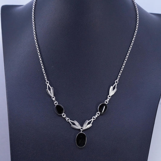 16”, vintage Sterling 925 silver handmade circle chain necklace onyx pendant