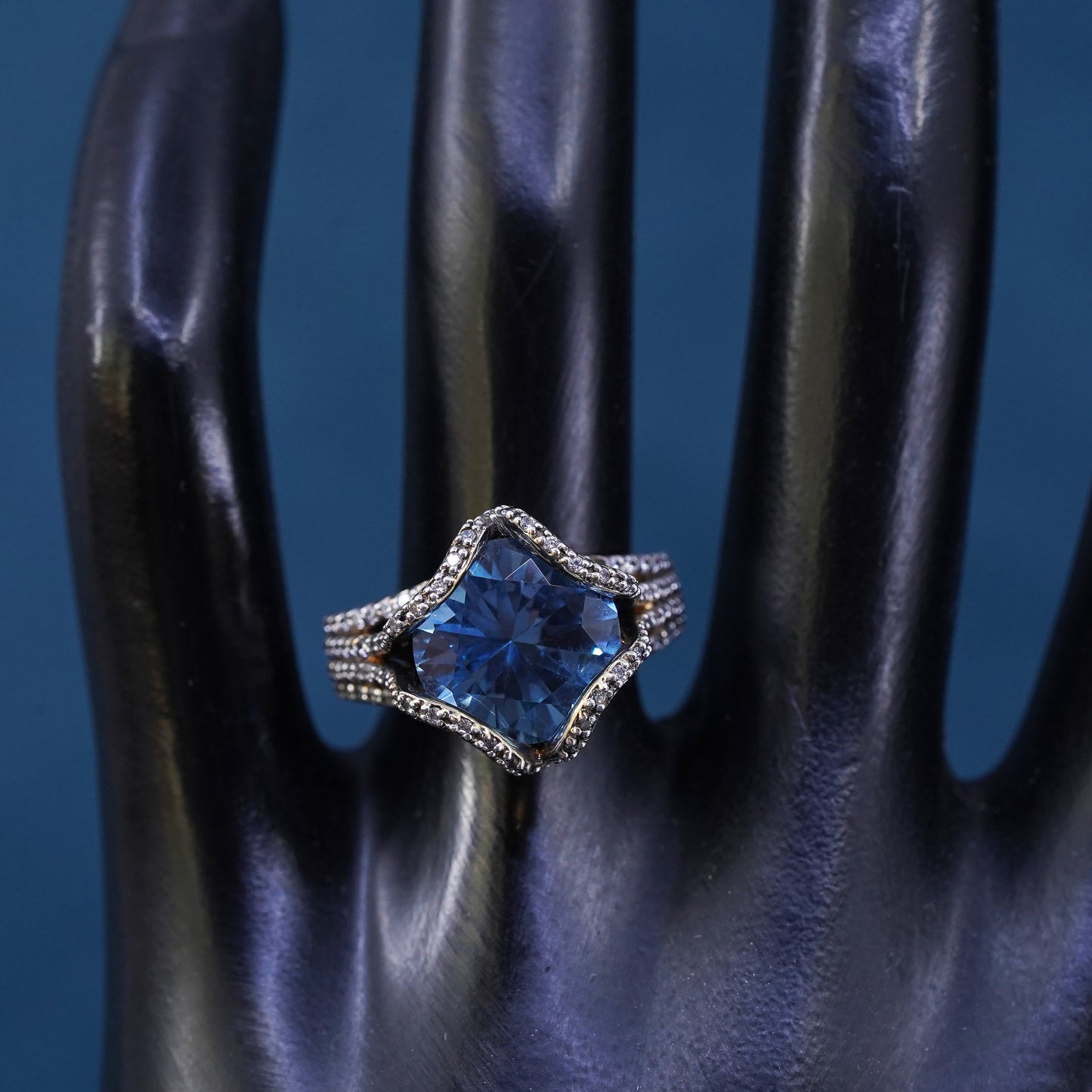 Size 7, vermeil gold over sterling 925 silver ring with topaz and cluster cz