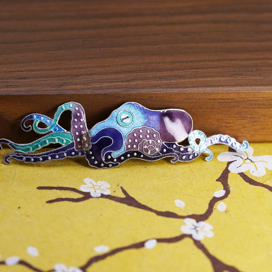 Vintage antique handmade sterling silver 925 blue octopus brooch with enamel