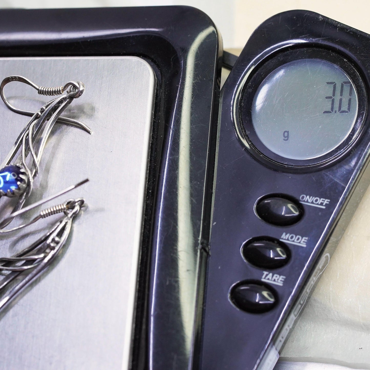 Vintage Sterling silver handmade earrings, 925 wavy drops with blue glass