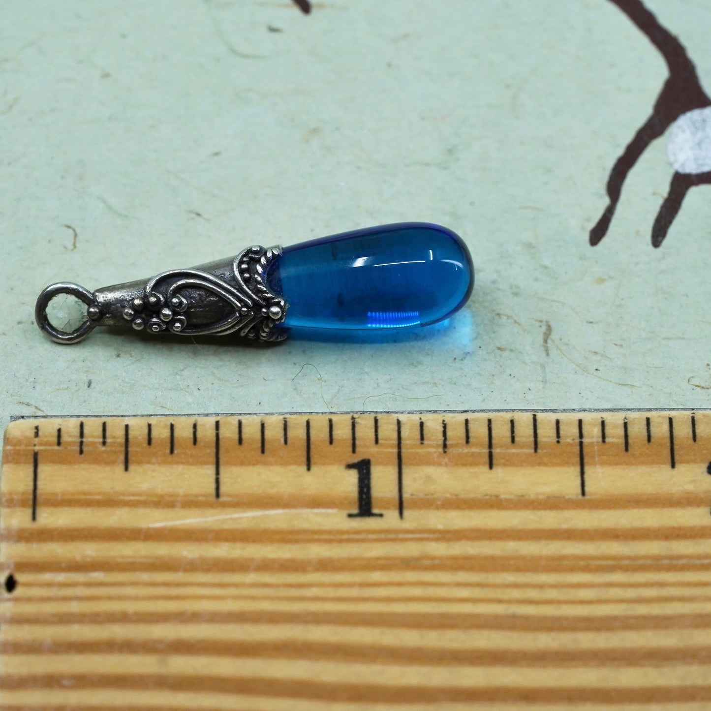 Vintage handmade Sterling 925 silver pendant with teardrop blue glass