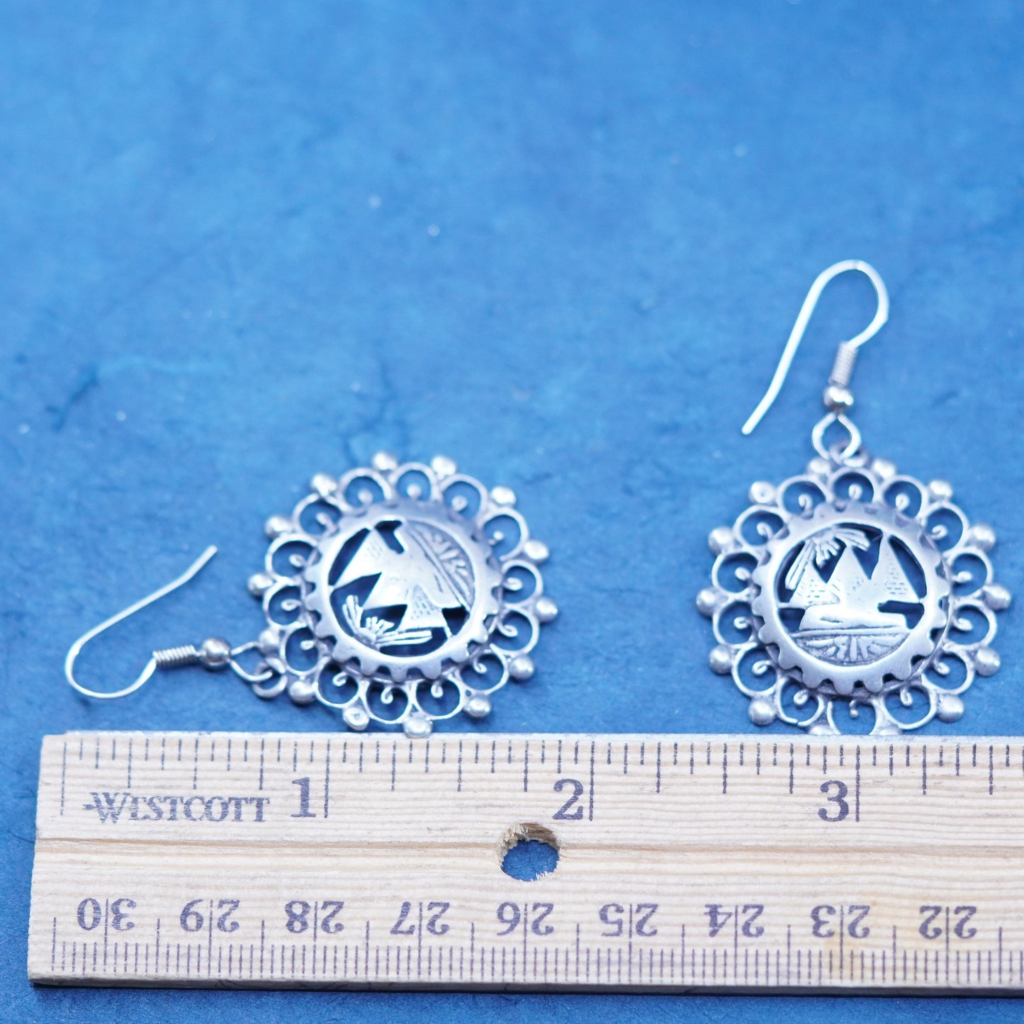 Vintage sterling silver handmade earrings, 925 pyramid embossed drops