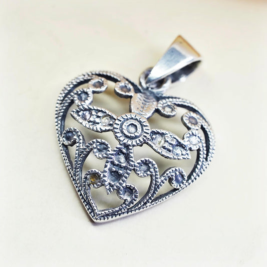 vintage sterling silver handmade pendant, 925 silver heart with marcasite