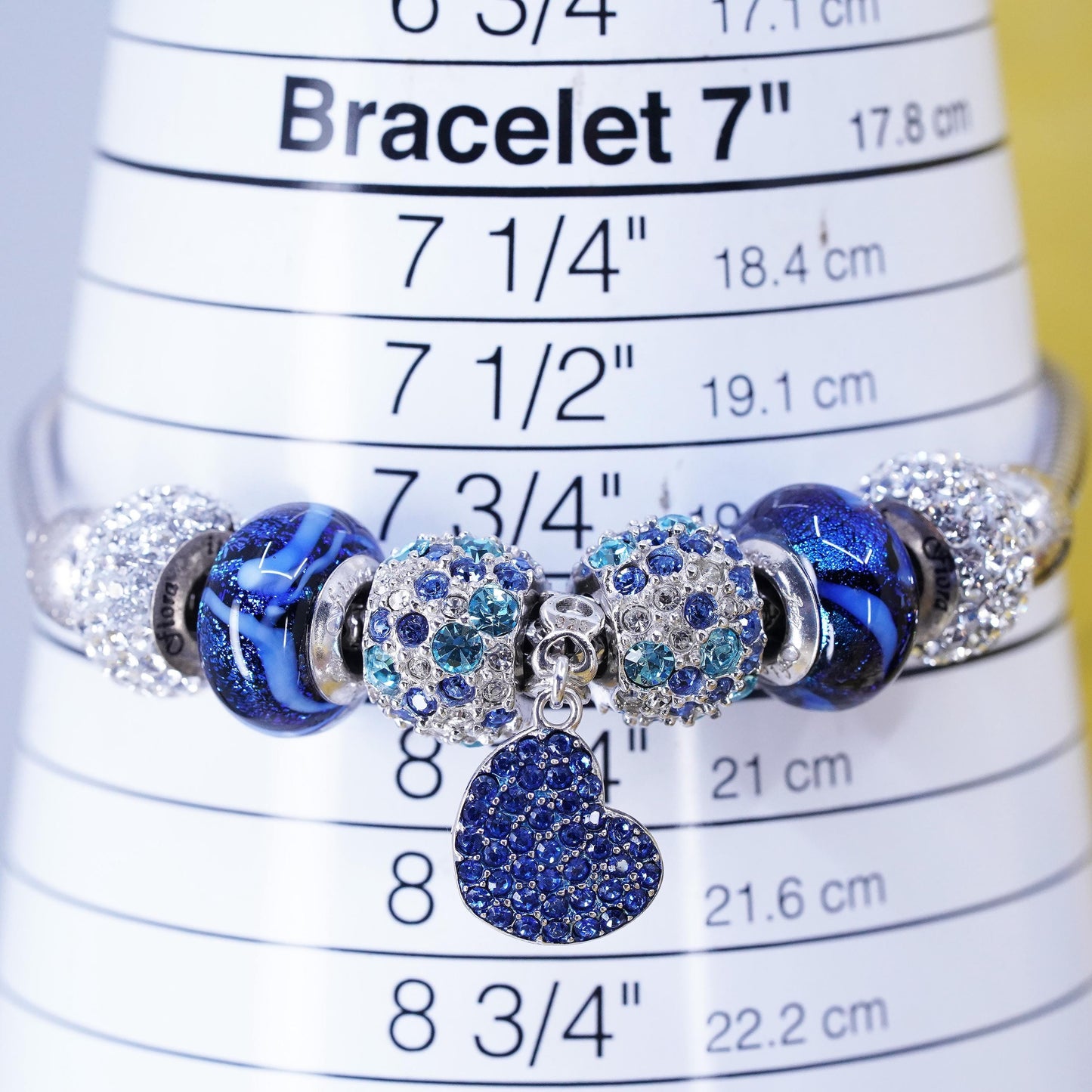 7+1", Fiora sterling silver bracelet, 925 snake chain glass beads heart charm