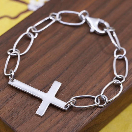 7”, vintage Sterling silver handmade curb bracelet, 925 oval chain cross charm