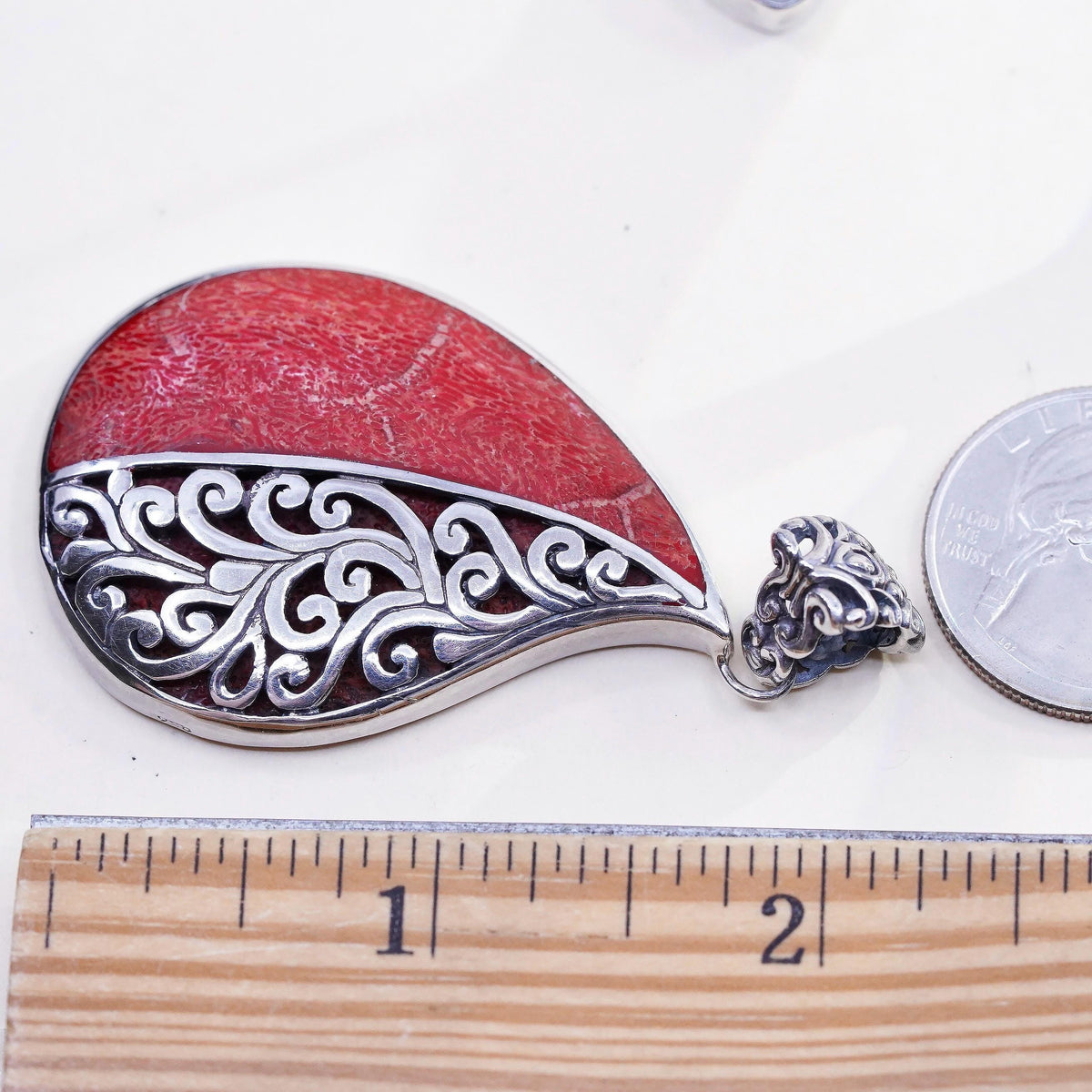 Sterling Silver Red Coral Teardrop double sided Pendant, Bali Filigree Charm