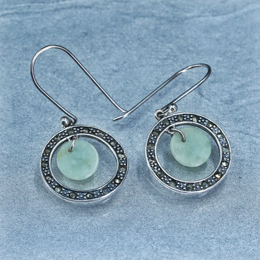 Vintage Sterling 925 silver handmade multi circle earrings with jade marcasite