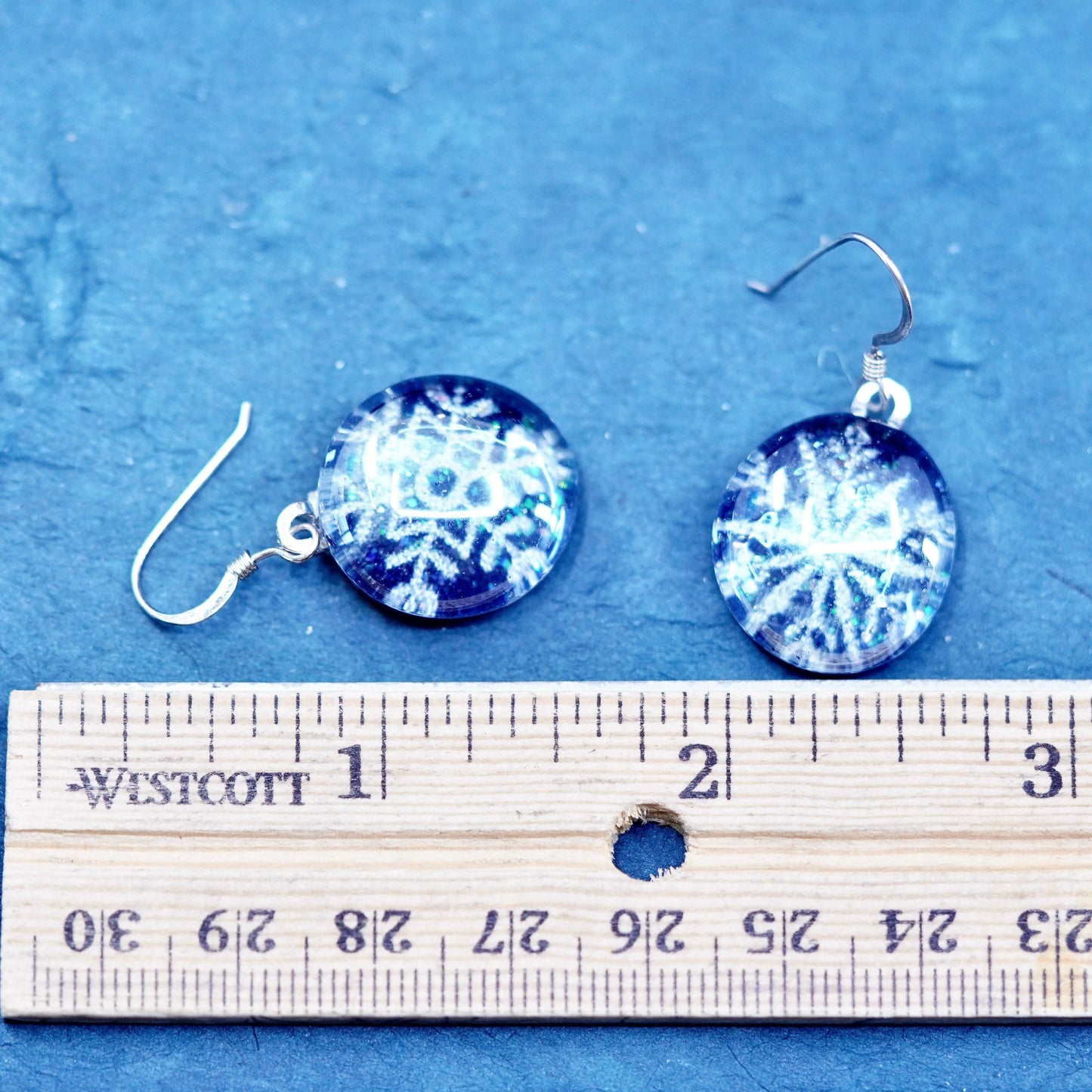 sterling silver earrings, 925 hooks with snowflake foiled glass drops