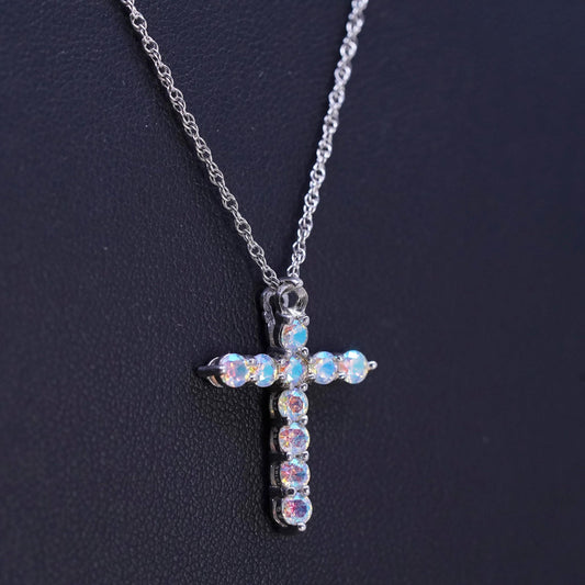 18" Sterling silver necklace, 925 Singapore rope chain AB crystal cross pendant