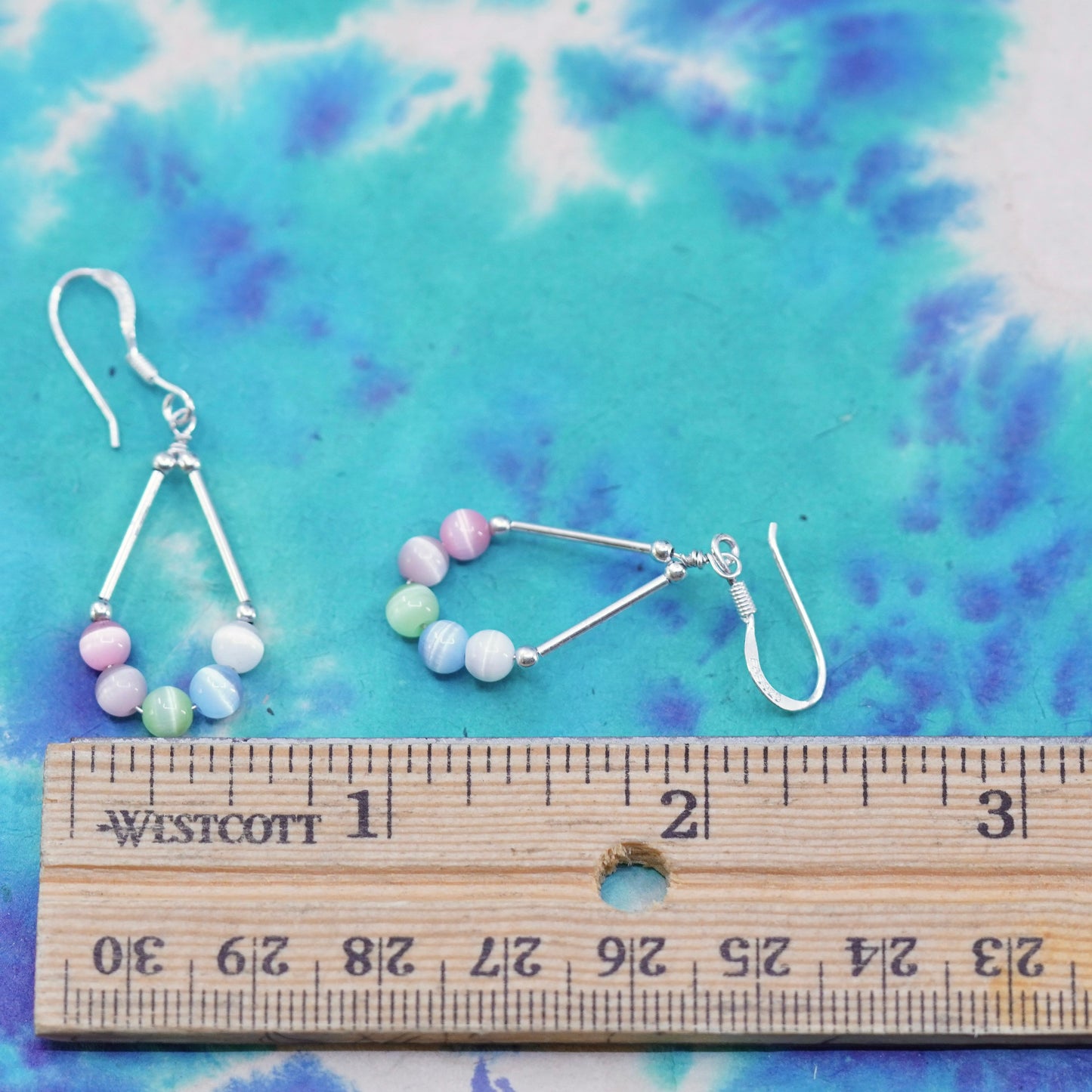 Vintage Sterling 925 silver handmade teardrop earrings with cat’s eye beads