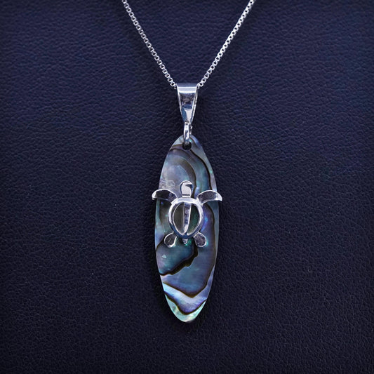 16”, vintage Sterling 925 silver circle chain necklace abalone turtle pendant