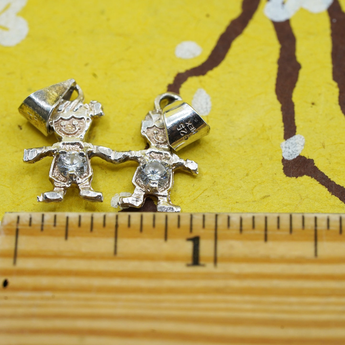 Sterling silver handmade pendant, 925 silver figure pendant, girl and boy cz