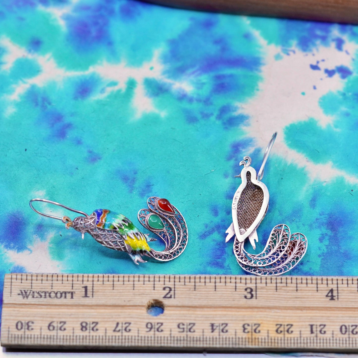 Sterling silver handmade earrings filigree 925 peacock drops w/ colorful enamel