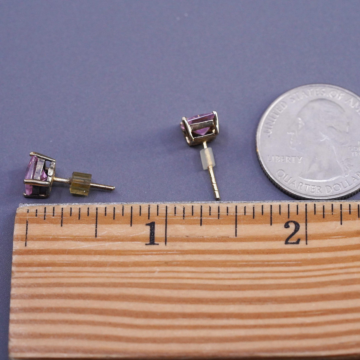 Vintage Sterling silver handmade earrings, 925 silver square studs pink crystal