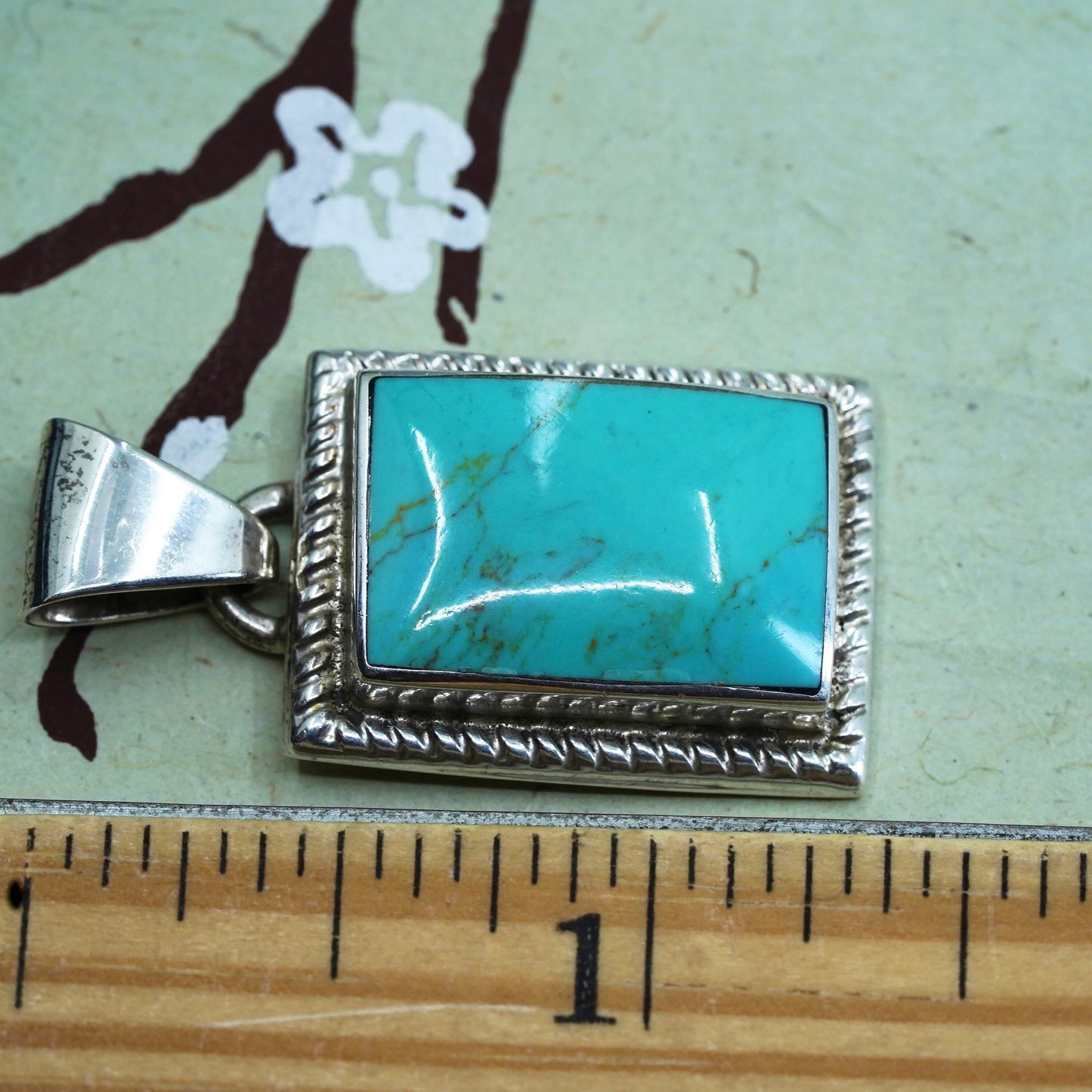 vintage mexico Sterling silver handmade pendant, 925 rectangular with turquoise