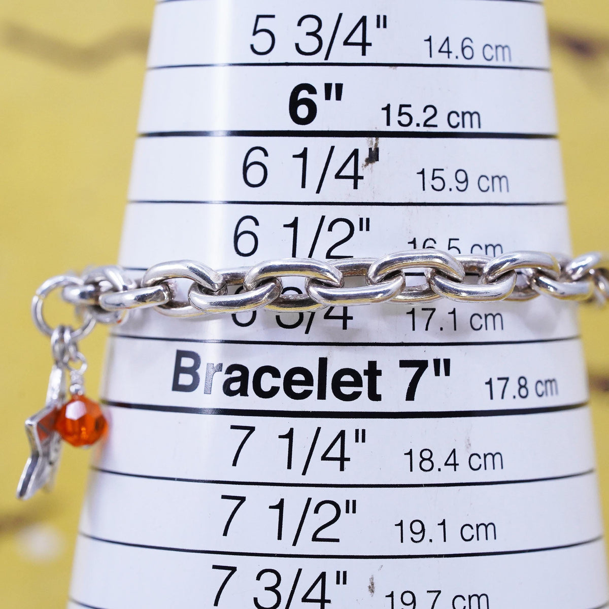 6.75" 7mm, Vintage Sterling silver bracelet, 925 oval link chain star charm