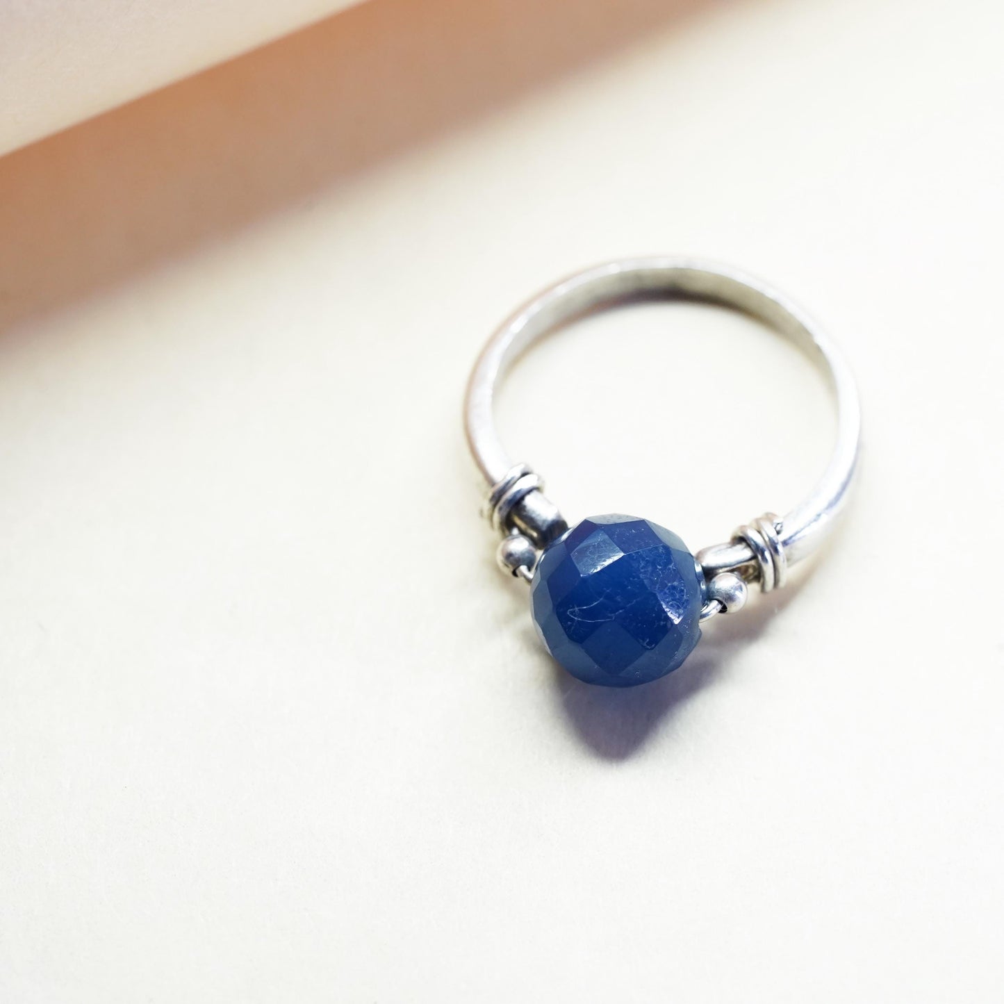 Size 5, Vintage sterling silver handmade ring with blue chalcedony bead