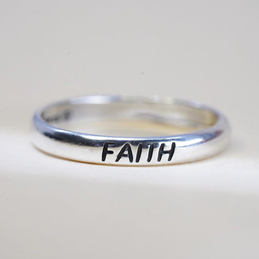 Size 7, vintage Sterling 925 silver handmade Faith ring stackable band
