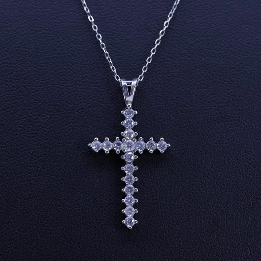 18”, 1mm, vintage Sterling silver necklace, 925 circle chain with cross pendant and Cz