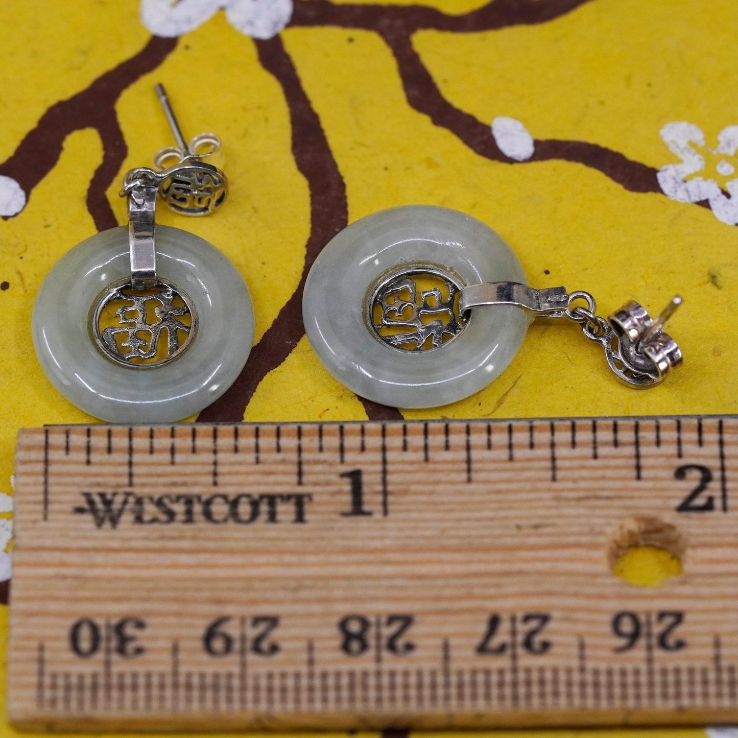 Vintage Sterling 925 silver handmade blessing earrings with jade