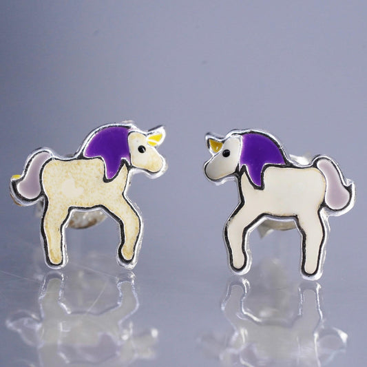 Vintage Sterling 925 silver enamel unicorn earrings, studs