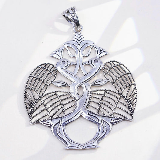 925 Sterling Silver Love Birds Tree of Life Pendant, Filigree Openwork Charm