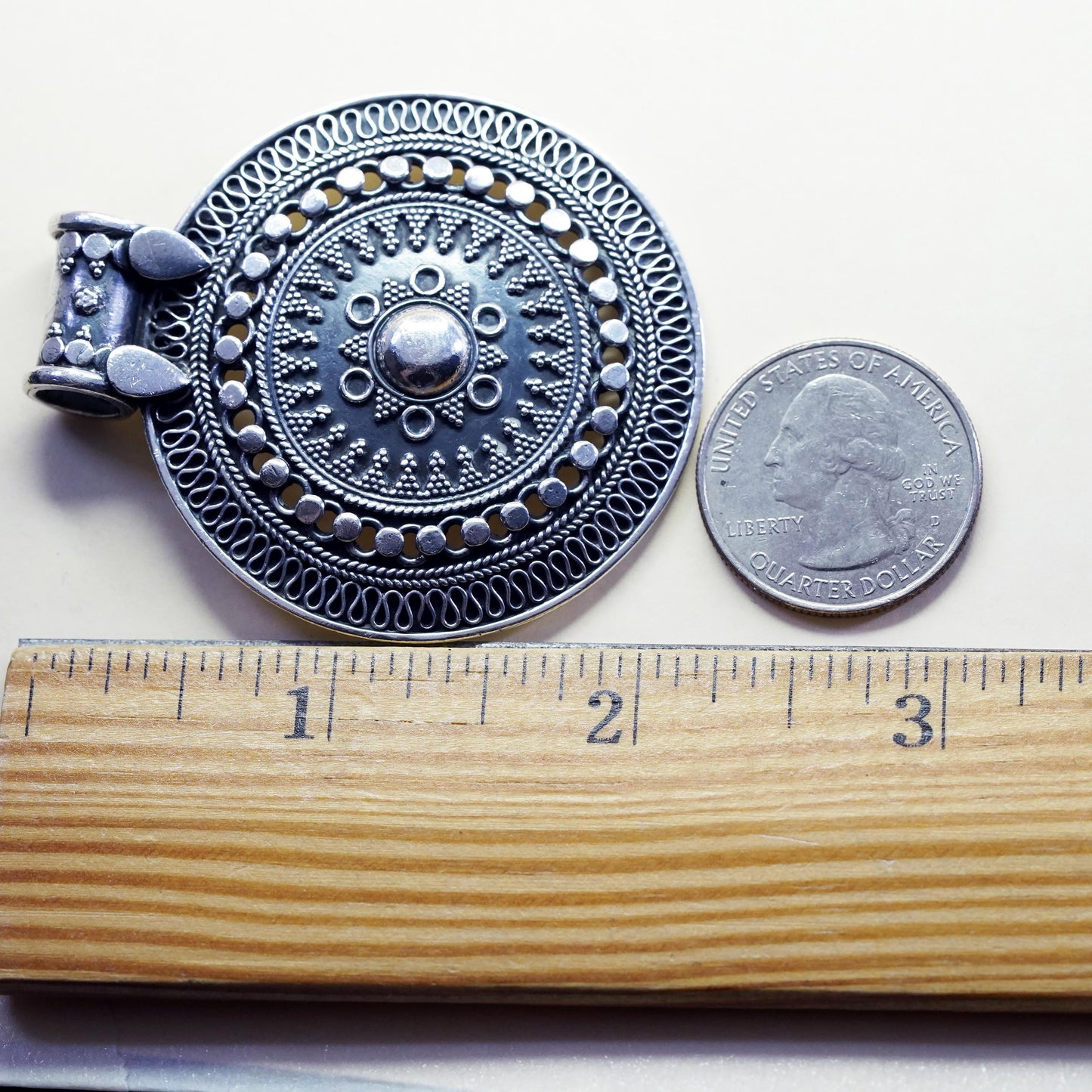 vintage sterling silver handmade huge pendant, 925 filigree Bali circle