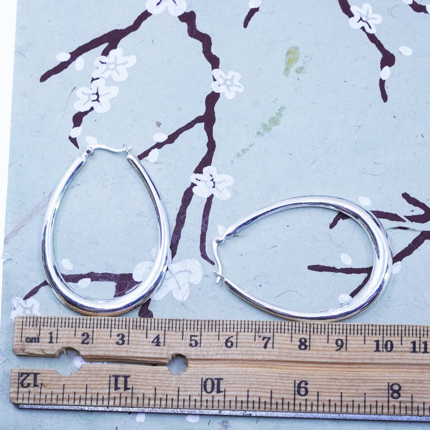 2” Vintage sterling silver oval loop earrings, minimalist primitive hoops