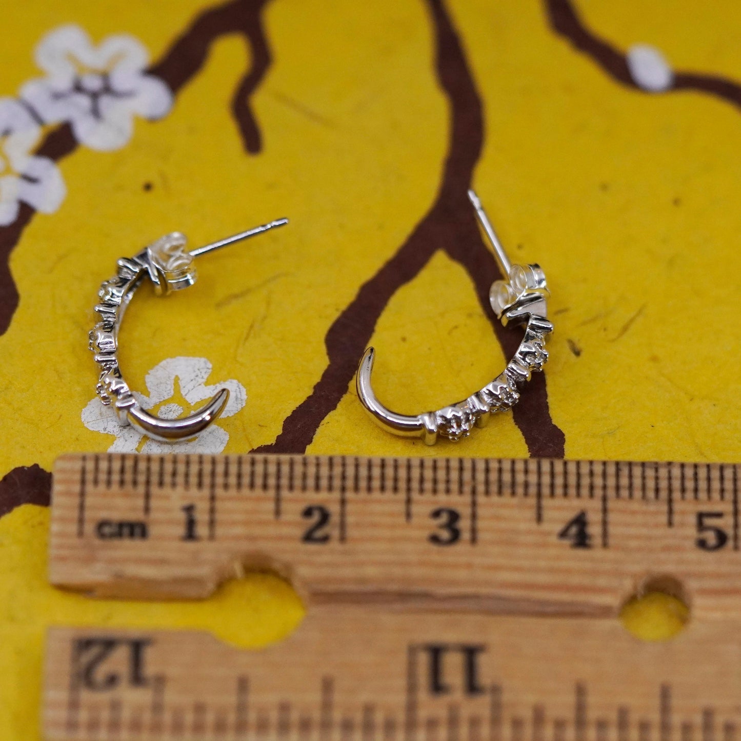 0.5”, Vintage Sterling 925 silver huggie studs earrings with diamond