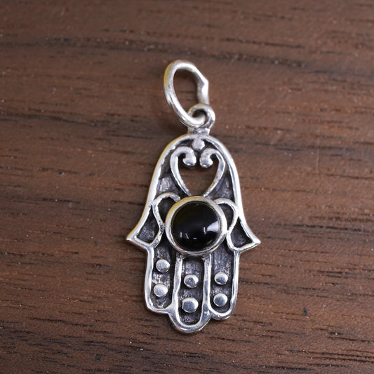 Vintage Sterling 925 silver handmade hamsa healing hand charm pendant with onyx