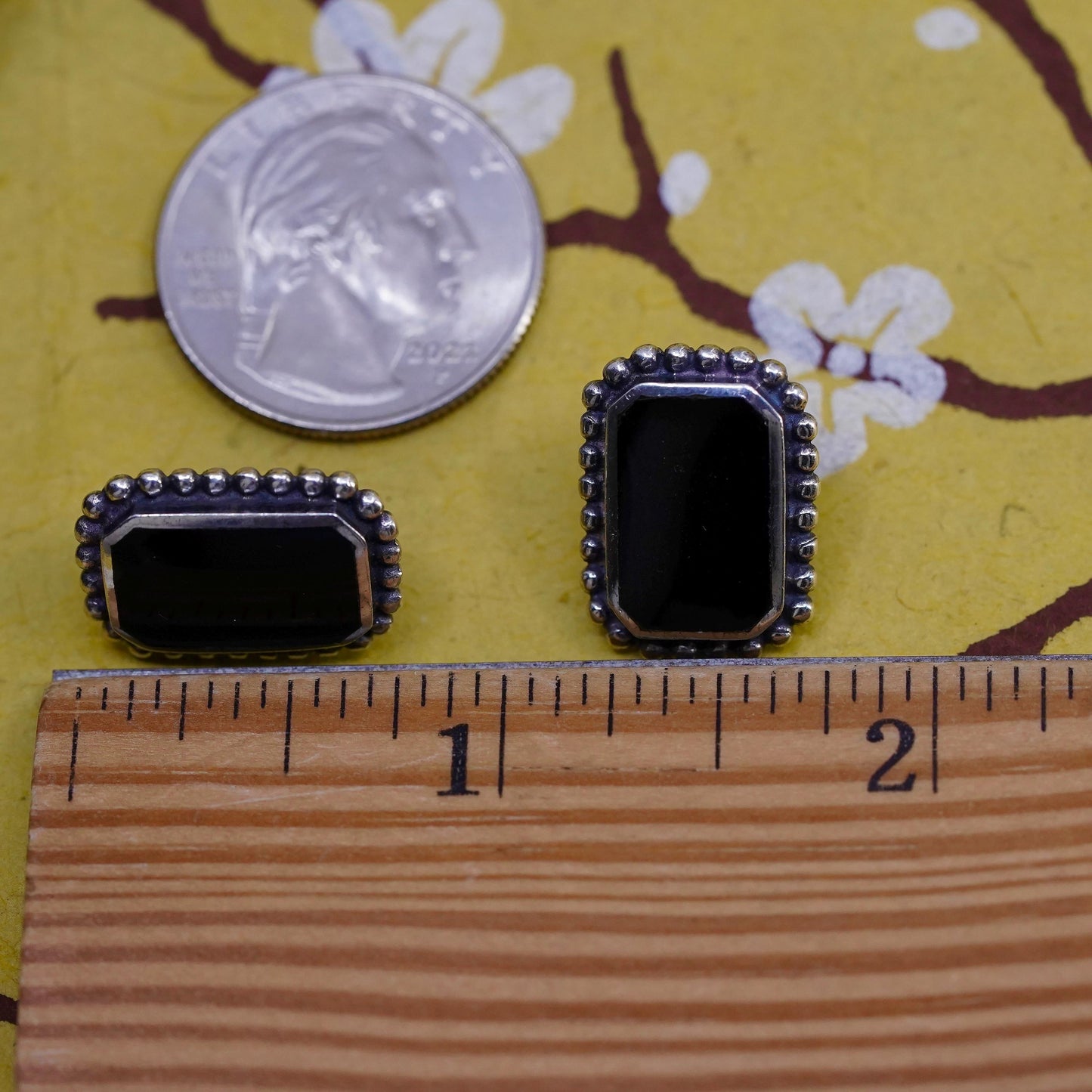 Vintage Sterling 925 silver handmade rectangular studs earrings with onyx beads