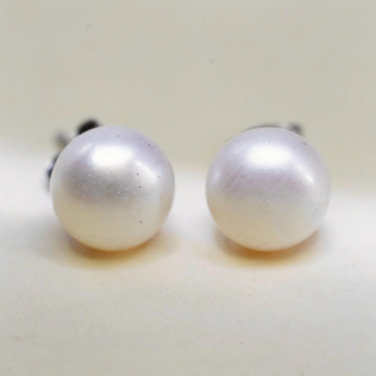 8mm, Vintage sterling silver handmade earrings, 925 studs with freshwater pearl