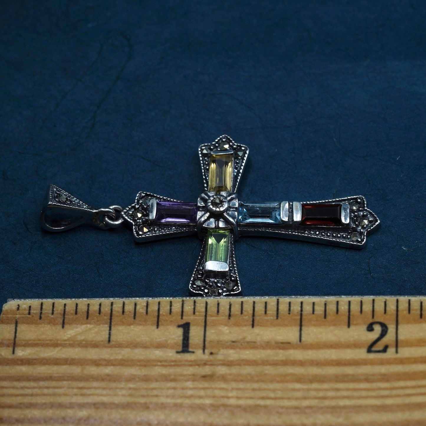 Sterling 925 silver cross pendant with ruby peridot citrine amethyst marcasite