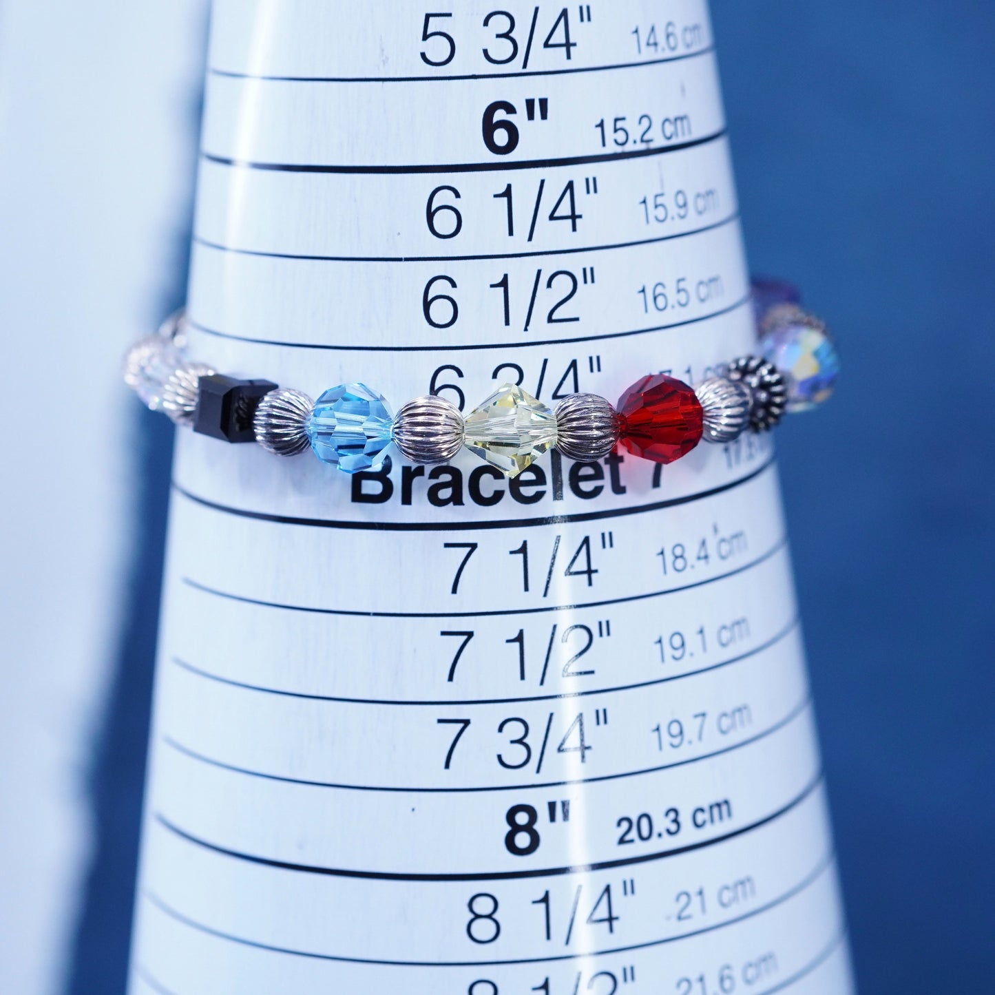 6.75”, Sterling 925 silver bracelet with colorful crystal and heart charm