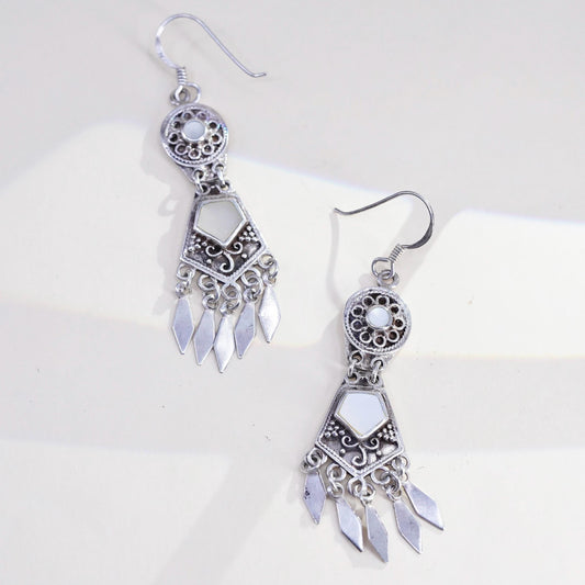 Vintage southwestern 925 Sterling silver earrings mother of pearl inlay fringes