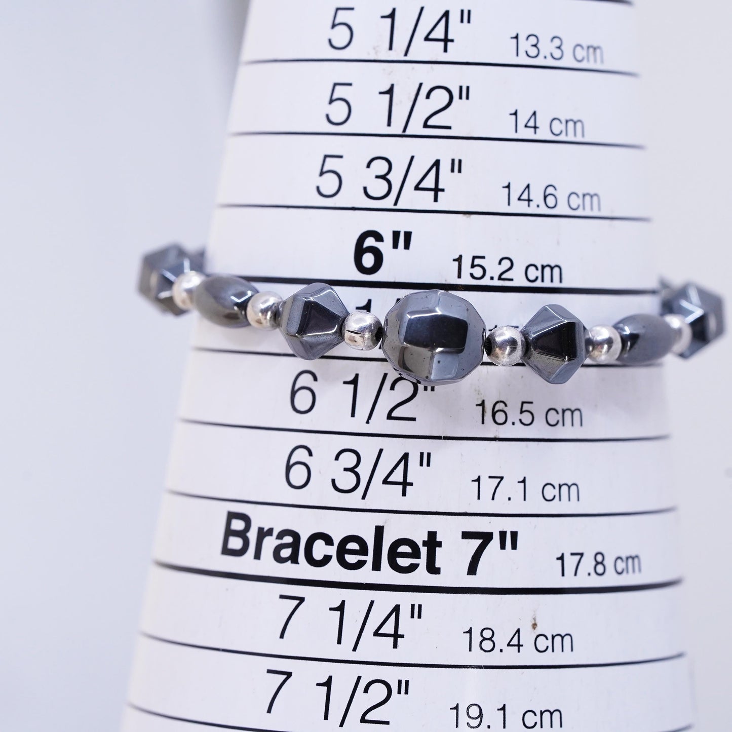 6.25”, Vintage handmade bracelet, hematite cubes with 925 silver beads chain