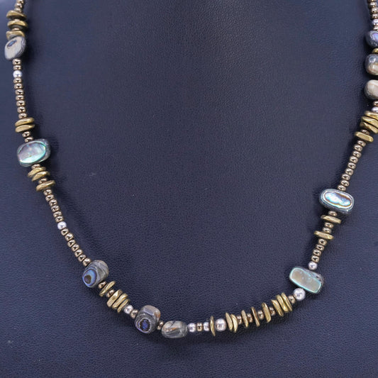 17+2", vintage 925 Sterling 925 Silver Necklace with brass and abalone beads