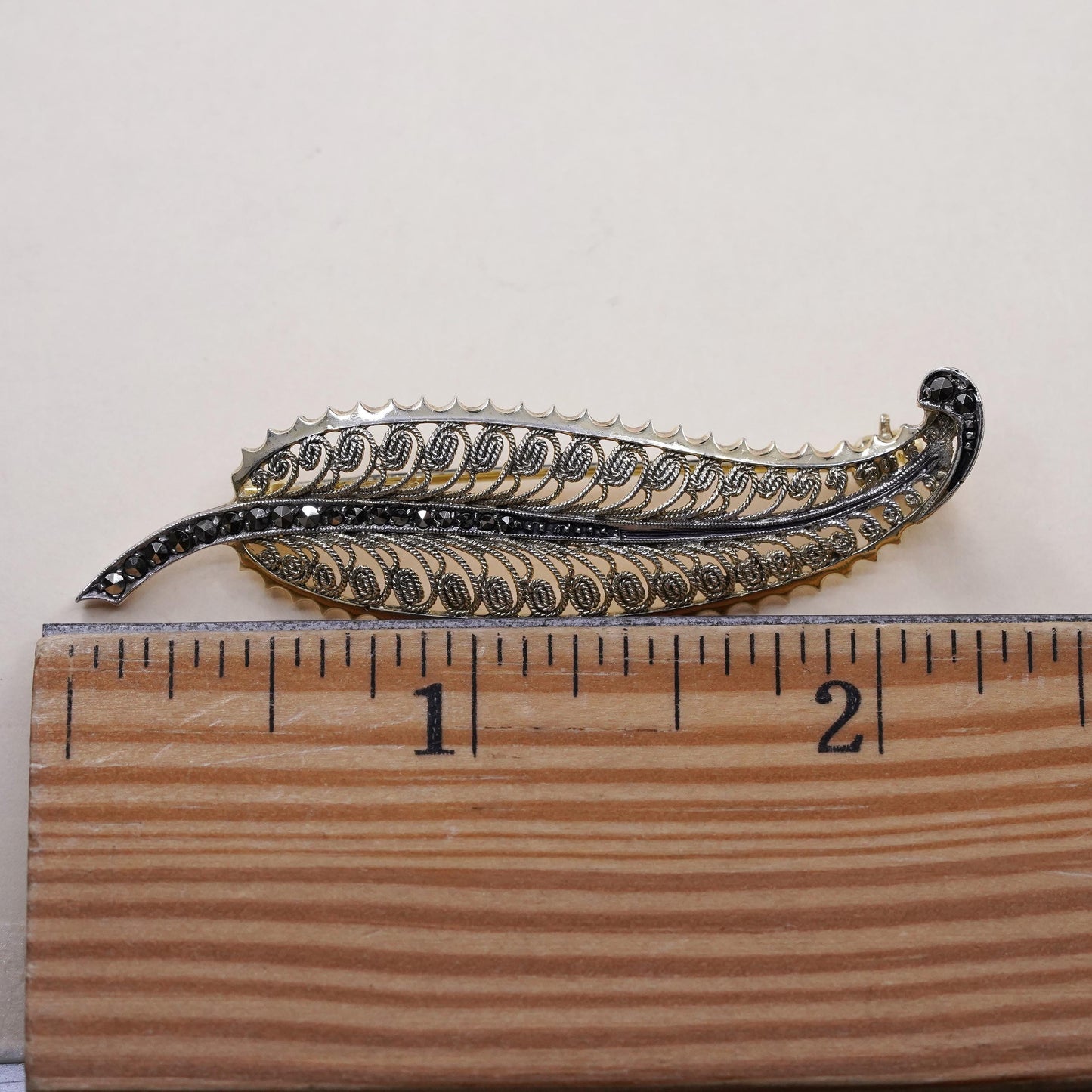 Germany vermeil gold Sterling silver brooch, 925 filigree leaf pin marcasite