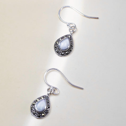 Vintage Sterling silver earrings, 925 teardrop mother of pearl inlay marcasites