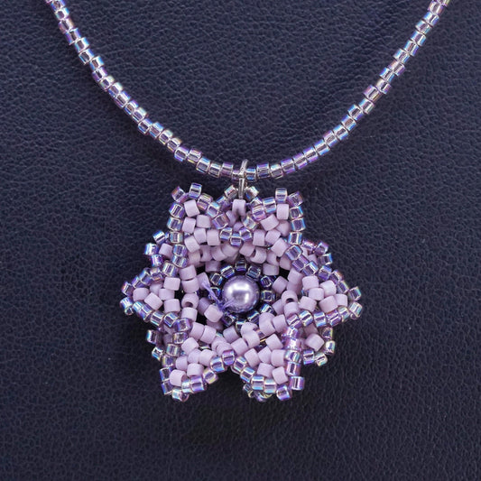 17", Sterling necklace, 925 Silver beads with lavender purple Crystal flower