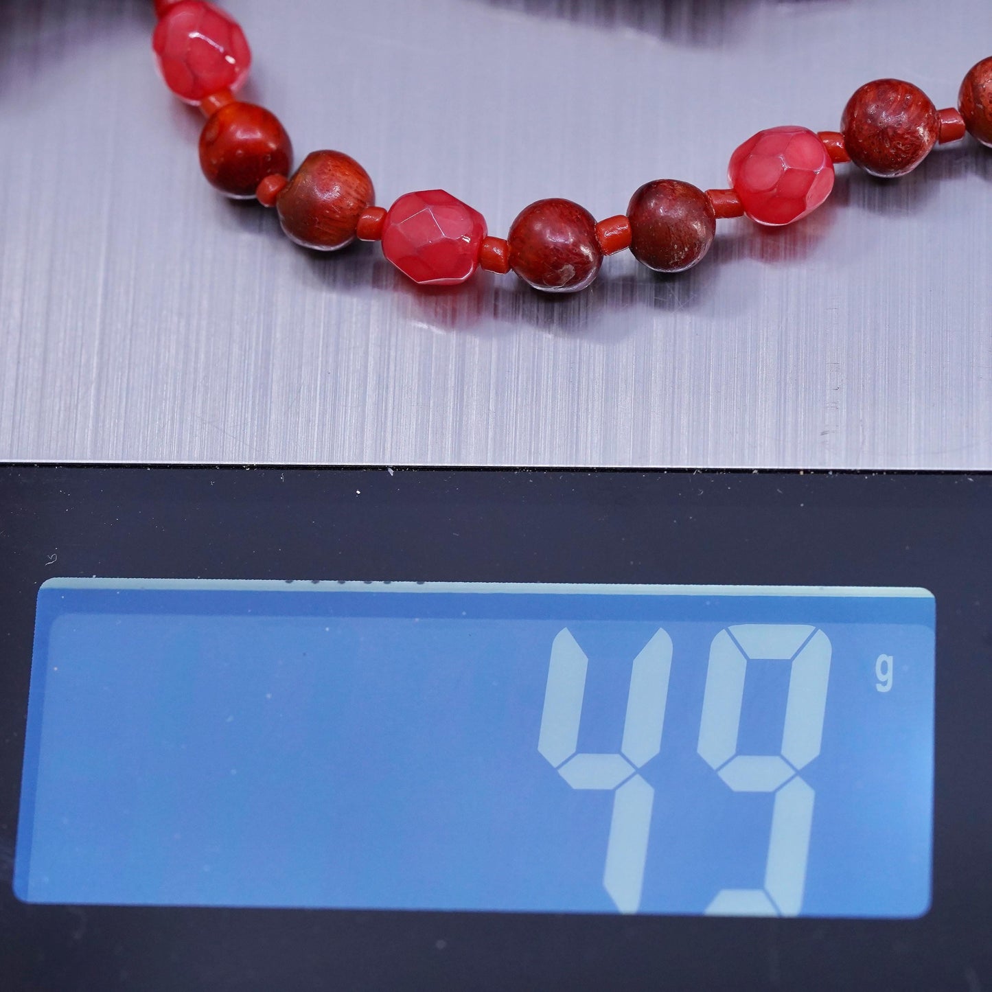 16+3", silver tone necklace, double strands coral beads necklace pendant