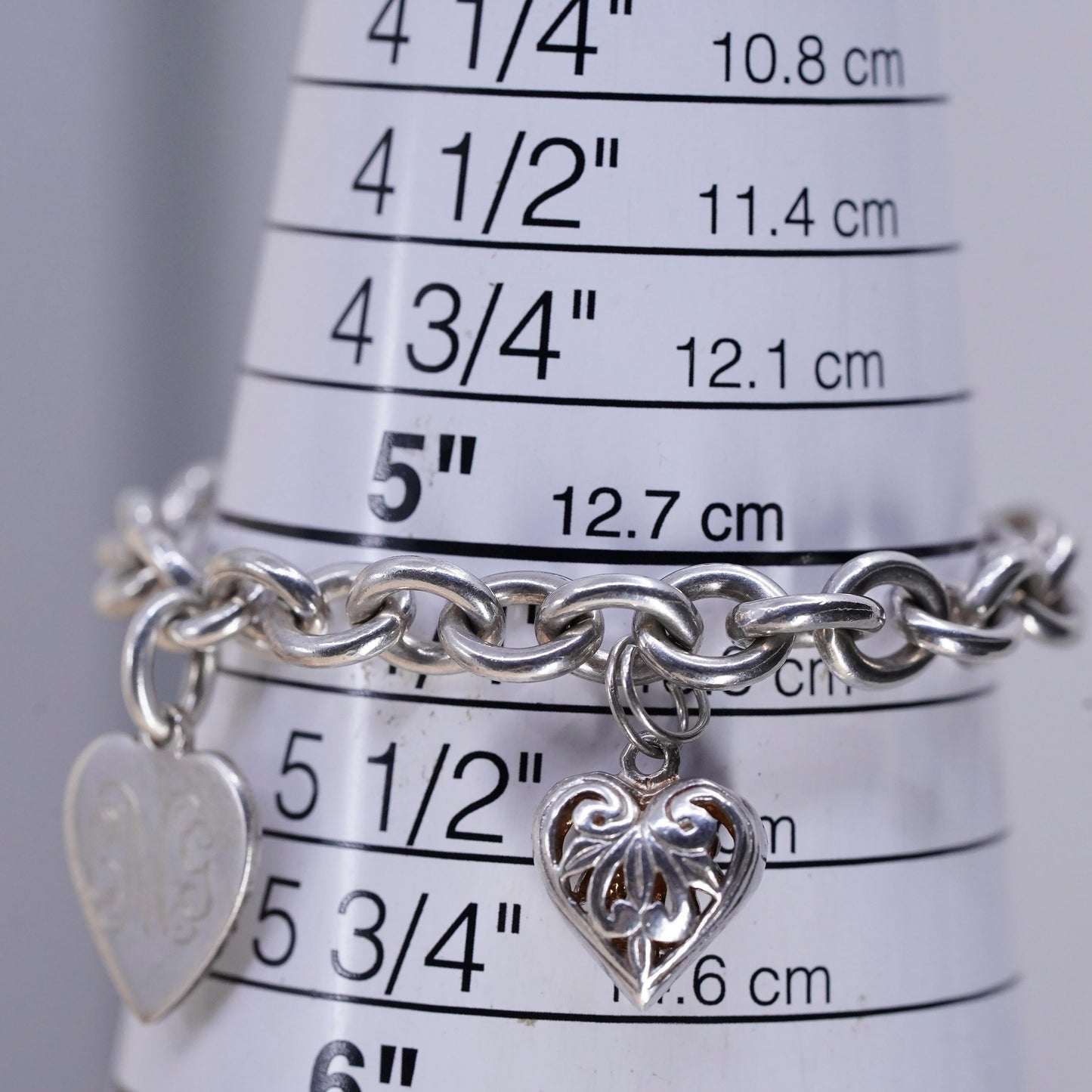 5.25", Vintage sterling silver bracelet, 925 filigree heart charm monogram CGM