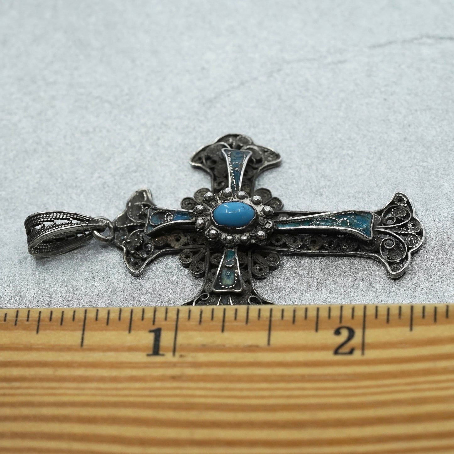 Vintage sterling 925 silver handmade filigree cross pendant with blue enamel