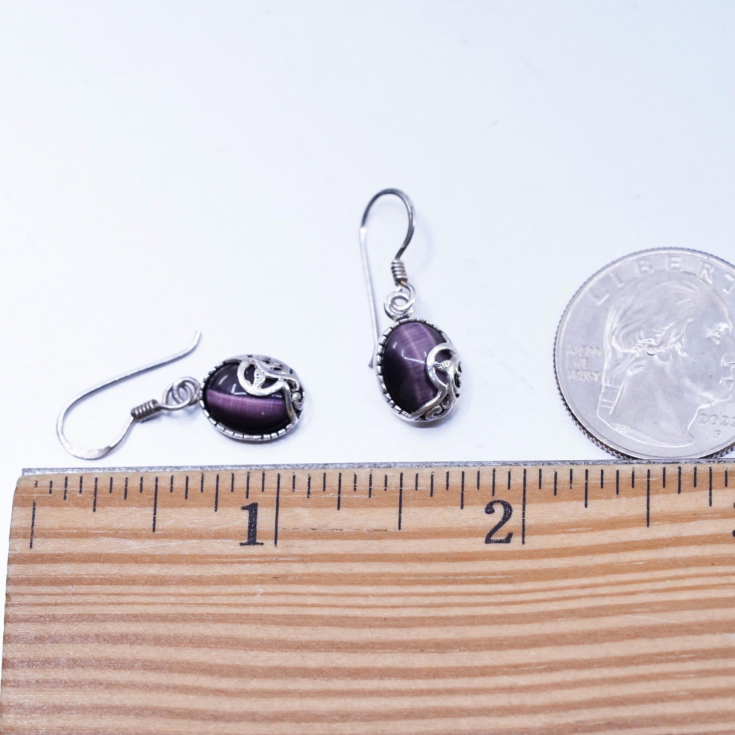 Vintage Sterling Silver Handmade Earrings, 925 Silver with purple Tiger Eye