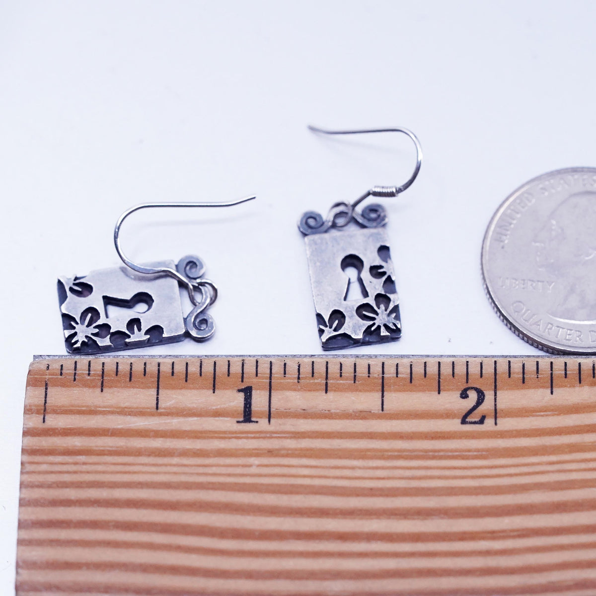 Vintage Mexican Sterling 925 silver handmade tag earrings with key cutout