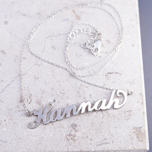 16+2", vintage Sterling silver necklace, 925 circle chain name Hannah pendant