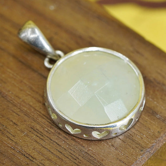 Vintage Sterling silver handmade pendant, 925 circle with prehnite